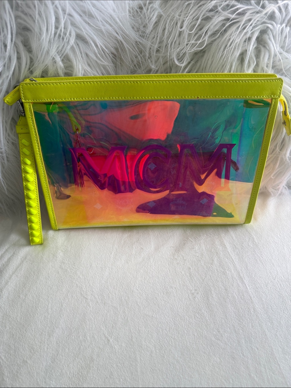 MCM Neon Yellow Iridescent Logo Wristlet Clutch - Picture 2 of 4